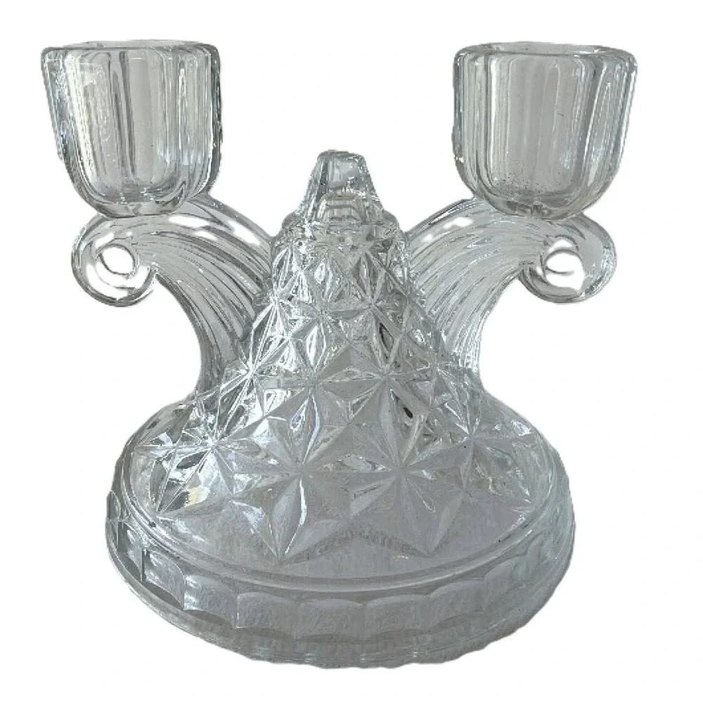 Imperial Glass Double Candlestick Holder Clear EUC Daisy Button Scrolled Arms